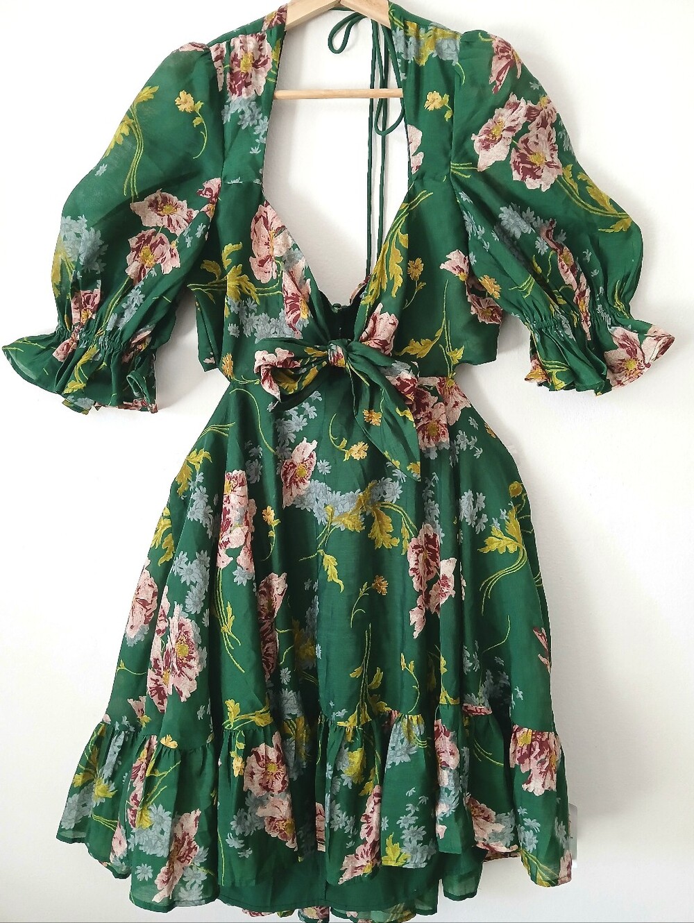ASOS Design FLORAL Open Back Green SUMMER Mini Ruffle Hem DRESS Women's Size 12